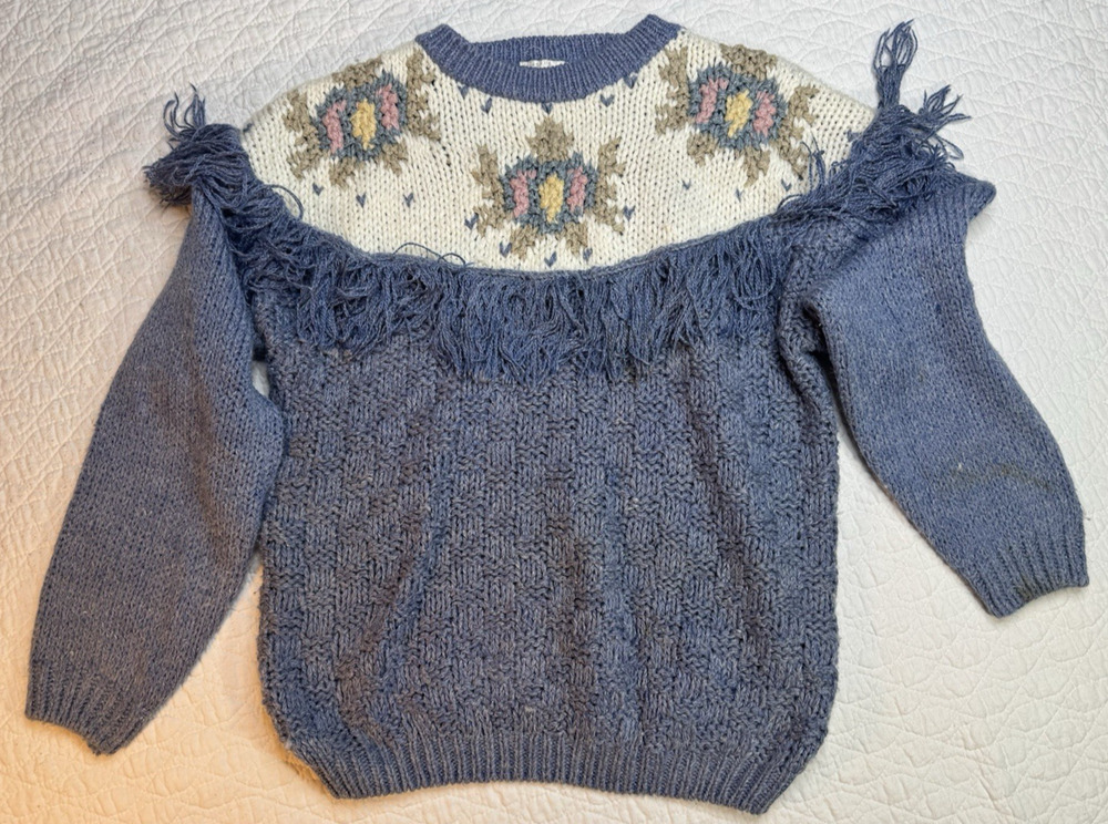 Vintage Needles & Yarn Fringe Sweater Womens M Blue Southwestern Boho Knit